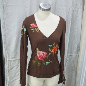Johnny Was Brown V-neck Top with Colorful Floral Embroidery